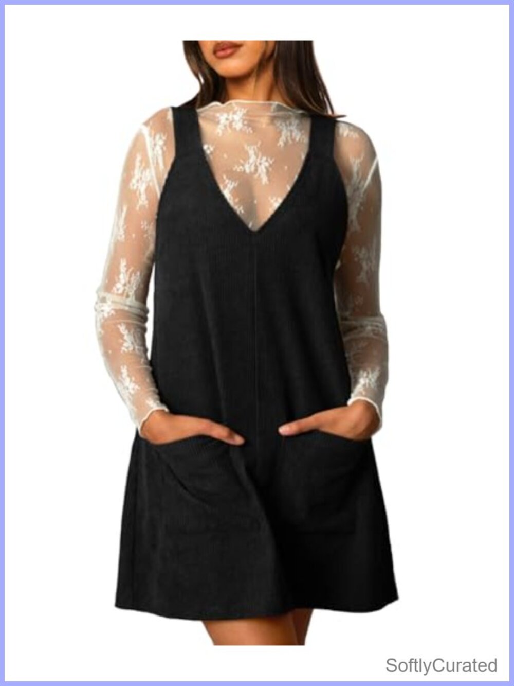 Corduroy Overall Dress V Neck Sleeveless Pinafore Jumper Mini